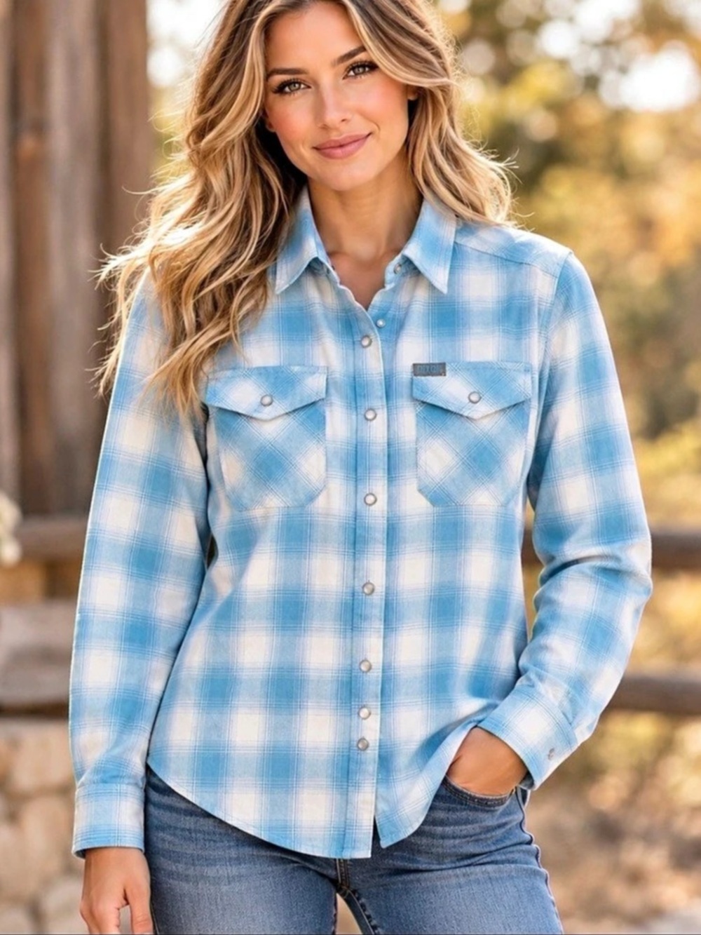 DIXXON Women’s M Blue White Plaid Western Snap Flannel Shirt D-Tech